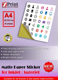 Resim zprint Inkjet Ve Lazer Tüm Yazıcılarla Uyumlu Mat Yapışkanlı Sticker Etiket Kağıt A4 20 Yaprak 