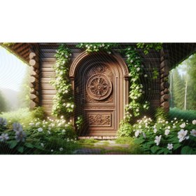Resim Venspor Rustik Ahşap Kapı ve Çiçeklerle Süslenmiş Bahçe Arkaplan - 200x150cm Fon Duvar Örtüsü 