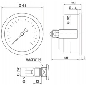 Resim Pakkens 0-600 Bar 63 mm Arkadan Bağlantılı Panotipi Kuru Manometre G 1/4 inç 