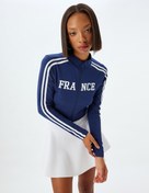Resim Crop Tişört Fermuarlı Uzun Kollu Slogan Baskılı Dik Yaka Biyeli Slim Fit 