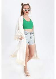 Resim Kimono Palmiye Baskılı Püsküllü - Ekru-ekru Ekru 
