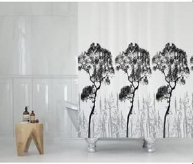 Resim Tropik Home Ağaç Desen Banyo Perde+paspas Seti-kaymaz Taban Kapı Önü Paspas Seti-180x200 Cm Banyo Perdesi Seti 