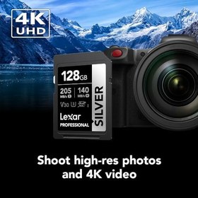 Resim Lexar 128 GB Profesyonel Gümüş SDXC Hafıza Kartı, UHS-I, C10, U3, V30, 4K Video, 205/140 MB/s'ye Kadar Okuma/Yazma, Profesyonel Fotoğrafçı, Video Görüşçü, Meraklısı (LSDSILV128G-BNNNU) 
