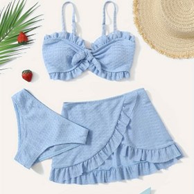 Resim Gençlerin Günlük Moda Mayo Düz Renk Bikini Etek Özel Kumaş Seti 3 parça 