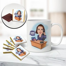 Resim Sekreter Karikatürlü Kupa ve Çikolata 