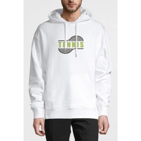 Resim Qivi Tennis Sport Baskılı Beyaz Erkek Örme Kapşonlu Sweatshirt Uzun Kol 
