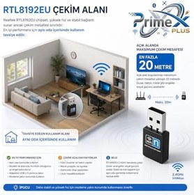 Resim PrimeX PX-WF3 Realtek RTL8192EU 300Mbps Wifi Adaptör, 300Mbps USB Wireless Adaptör, 2.4G Wifi Dongle, USB Wifi Alıcı (Win10/11/Linux Tak Çalıştır) 