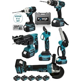 Resim Power Black Profesyonel Brushless 6'lı Set Şarjlı Hilti Şarjlı Taşlama Şarjlı Darbeli Matkap Makas Testere 