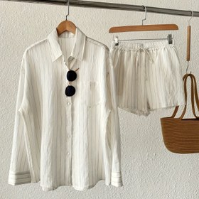 Resim 2 adet Kadın Kıyafet Seti: Siyah ve Beyaz Çizgili Uzun Kollu Gömlek ile Yüksek Bel Geniş Bacaklı Şort, Bahar/Yaz Rahat Giyim için Mükemmel. 