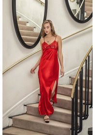 Resim Fevien Dantelli Uzun Yırbrfaçlı Saten Gecelik Elbise String Takım Kırmızı Brf31512 Kırmızı 