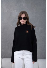 Resim Park Karon Kadın Siyah Dik Yaka Oversize Nakışlı Triko Kazak 224301 Siyah 