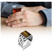 Resim Zincir Tasarım Kaplan Gözü Taşlı 925 Ayar Gümüş Erkek Yüzük (500121508) 