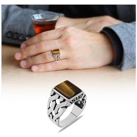Resim Zincir Tasarım Kaplan Gözü Taşlı 925 Ayar Gümüş Erkek Yüzük (500121508) 