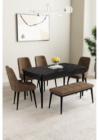 Resim Mabel Siyah Mermer Desen 80x132 Açılabilir Yemek Odası Takımı 4 Sandalye, 1 Bench Kahverengi 