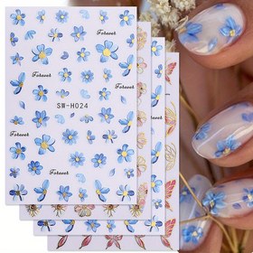 Resim 4 adet Bahar Tırnak Çıkartması, 3D Kelebek Şekilli, Renkli Mavi Çiçekler, Parıltılı Bitiş, Kendinden Yapışkanlı, Glitter, Tek Kullanımlık, Kokusuz, Tırnak Sanatı için Tırnak Glitteri ile 