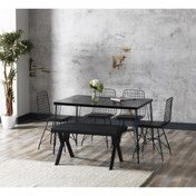 Resim Rehber Mobilya Aksesuar Siyah Mermer Görünümlü Metal Ayaklı Mutfak Masası ve Bench Takımı 