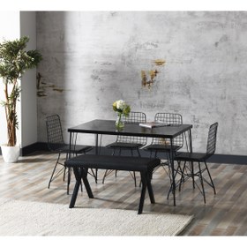 Resim Rehber Mobilya Aksesuar Siyah Mermer Görünümlü Metal Ayaklı Mutfak Masası ve Bench Takımı 