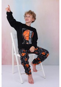 Resim Yeni Sezon Erkek Çocuk Gez Garson Basketball Uzun Kollu Pamuk İnterlok Pijama Takımı 5154-siyah Siyah 