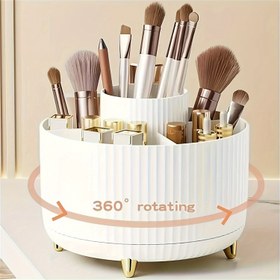 Resim 360° Dönebilen Kozmetik Saklama Kutusu Seti - 1 Adet Plastik Makyaj Saklama Kutusu ve 5 Bölmeli - Fırçalar, Rujlar, Cilt Bakımı ve Kırtasiye için Çok Fonksiyonlu Tutucu - Dayanıklı Kokusuz Masaüstü Organizatör, Lüks Çizgili Tasarım 