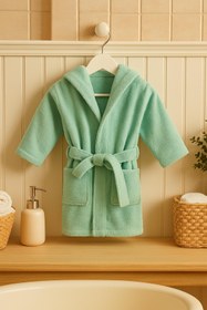 Resim CottonVerse Bebek & Çocuk Kapşonlu Bornoz - %100 Pamuk, Unisex Su Yeşili - Su Yeşili / 0-2 Yaş 