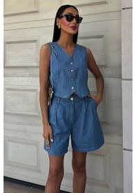 Resim Moderie Butik Gümüş Düğmeli Yelek Ve Şort Tensel Takım 10174 Açik Mavi 