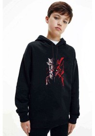 Resim Anime Naruto Red White Baskılı Unisex Çocuk Kapüşonlu Siyah Sweat Siyah 