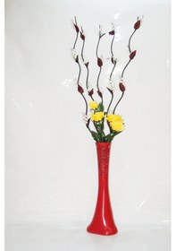 Resim 60 Cm Desenli Kırmızı Vazo 5 Adet Beyaz Üzüm ve Sarı Gül 