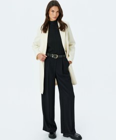 Resim Düğmeli Cepli Kruvaze Uzun Kaşe Kaban 