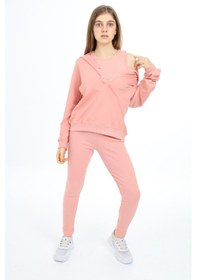 Resim Toontoy Kids Toontoy Kız Çocuk 2'li Takım Baskılı Kapüşonlu Düşük Omuz Çıtçıtlı Sweatshirt & Basic Düz Tayt Mercan 