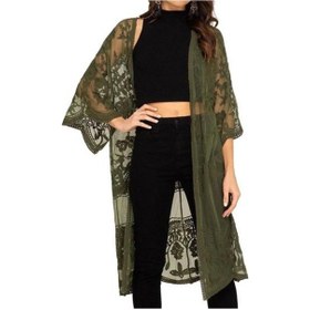 Resim Haki Transparan İnce Dantel Nakış Üç Çeyrek Kol Düz Renk Mif Uzunluğu Gevşek Açık Dikiş Bayan Haki 