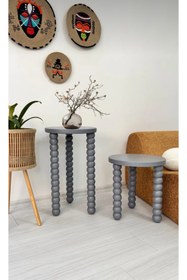 Resim AYLESA Doğal Ahşap 2’li Set Boncuk Ayaklı Yan Sehpa Modern Antrasit Fiskos Zigon Çiçeklik 