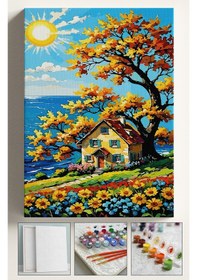 Resim Sayılarla Boyama Seti Numaralı Tuval Fırça Boya 40x50 Cm - Güneş Ve Ev 