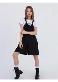 Resim Zekids Kız Çocuk Askılı Kısa Tshirt İle Takım Keten Tulum-13784 Siyah 