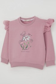 Resim Breeze Kız Çocuk Sweatshirt Omuzları Çiçek Nakış Detaylı Çiçek Baskılı 2-6 Yaş, Gülkurusu Gül Kurusu 