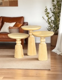 Resim AYLESA Doğal Ahşap 3’lü Set Mantar Yan Sehpa Modern Vernikli Fiskos Zigon Çiçeklik 