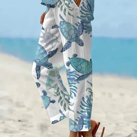 Resim Kadınlar için Kaplumbağa Desenli Geniş Bacaklı Pantolon - Elastik Bel, Eğimli Cep, Rahat Plaj Giyimi, Hafif Polyester, Bahar/Yaz Koleksiyonu, Beyaz Kaplumbağa ve Yaprak Desenli, Rahat Kesim Pantolon | Kaplumbağa Desenli Pantolon | Elastik Bel Pantolon 