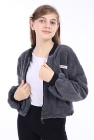 Resim Toontoy Füme Kız Çocuk Kolej Yaka Fermuarlı Düşük Omuz Baskılı Peluş Hırka - Beli Ayarlanabilir Lastikli 