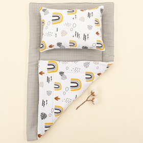 Resim Alt Açma Matı ve Yastık - Çift Taraflı - Açık Gri Muslin - Hardal Gökkuşağı 