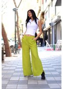 Resim Yeşil yurtmac detay bol paça keten lastikli pantolon 