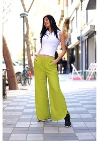 Resim Yeşil yurtmac detay bol paça keten lastikli pantolon 