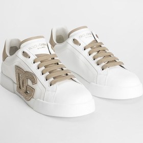 Resim Dolce&Gabbana Kadın Taş İşlemeli Aplike Logolu Deri Sneakers - Beyaz/Vizon 