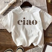 Resim Kadınlar İçin Casual Leopar Desenli Ciao Grafik Kısa Kollu Tişört - Yuvarlak Yaka İlkbahar Yaz Sonbahar Üstü, Orta Esneklik Makinede Yıkanabilir Normal Kesim Tee, Mevsimsel Moda, Şeffaf Olmayan Kumaş 