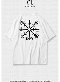 Resim Unisex Kadın Erkek Viking Pusula Vegvisir Baskılı Özel Tasarım Ov Beyaz 