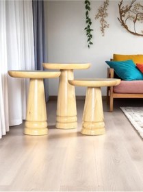 Resim AYLESA Doğal Ahşap 3’lü Set Mantar Yan Sehpa Modern Vernikli Fiskos Zigon Çiçeklik 