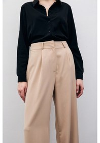 Resim Sateen Pileli Krep Pantolon - Bej 