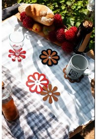 Resim Çiçek Ahşap Bardak Altlığı Dekoratif Beyaz Kırmızı Siyah 6'lı Beyaz - Kırmızı 