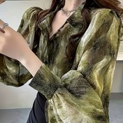 Resim 1 adet Kadın Çiçek Baskılı Fener Kollu Gömlek, %100 Polyester Tatil Stili Yaka Düğmeli Bluz İlkbahar/Yaz/Sonbahar için 