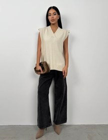 Resim V Yaka Bej Oversize Süveter - S 