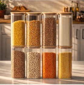 Resim Porsima 4396 8li Kare 2000 Ml Bambu Vakumlu Kapaklı Cam Kavanoz Seti Saklama Kabı 10x25cm Şeffaf 