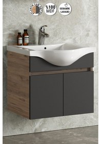 Resim 65 Cm Atlantik Çam-Antrasit Gri Mat Mdf Lavabolu Banyo Alt Dolabı Antrasit - Atlantik Çam 